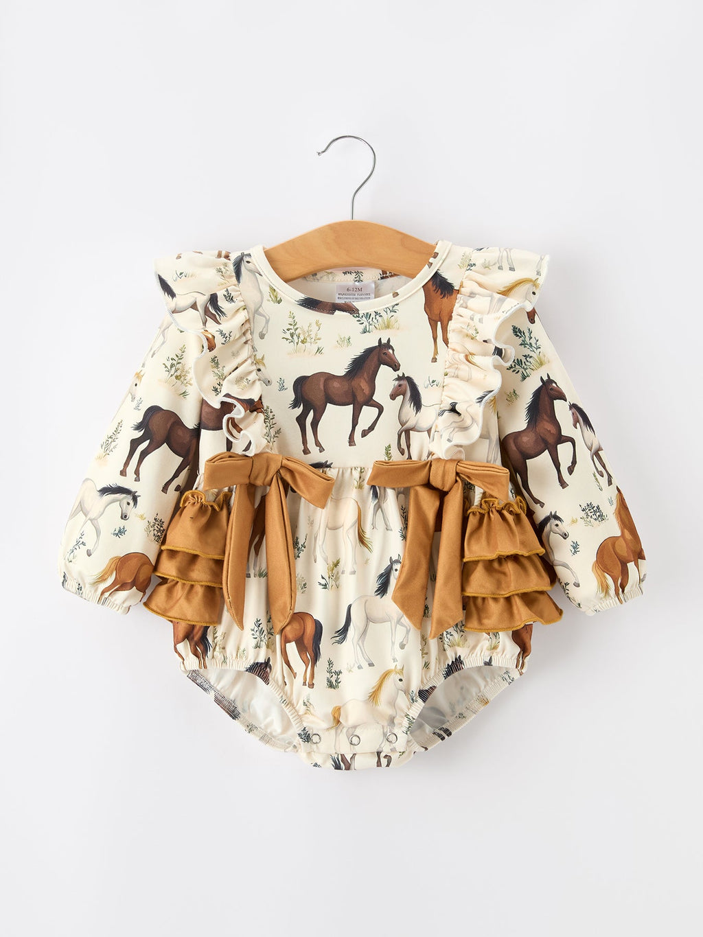 Western Horse Girls Romper Bow Ruffle Long Sleeve
