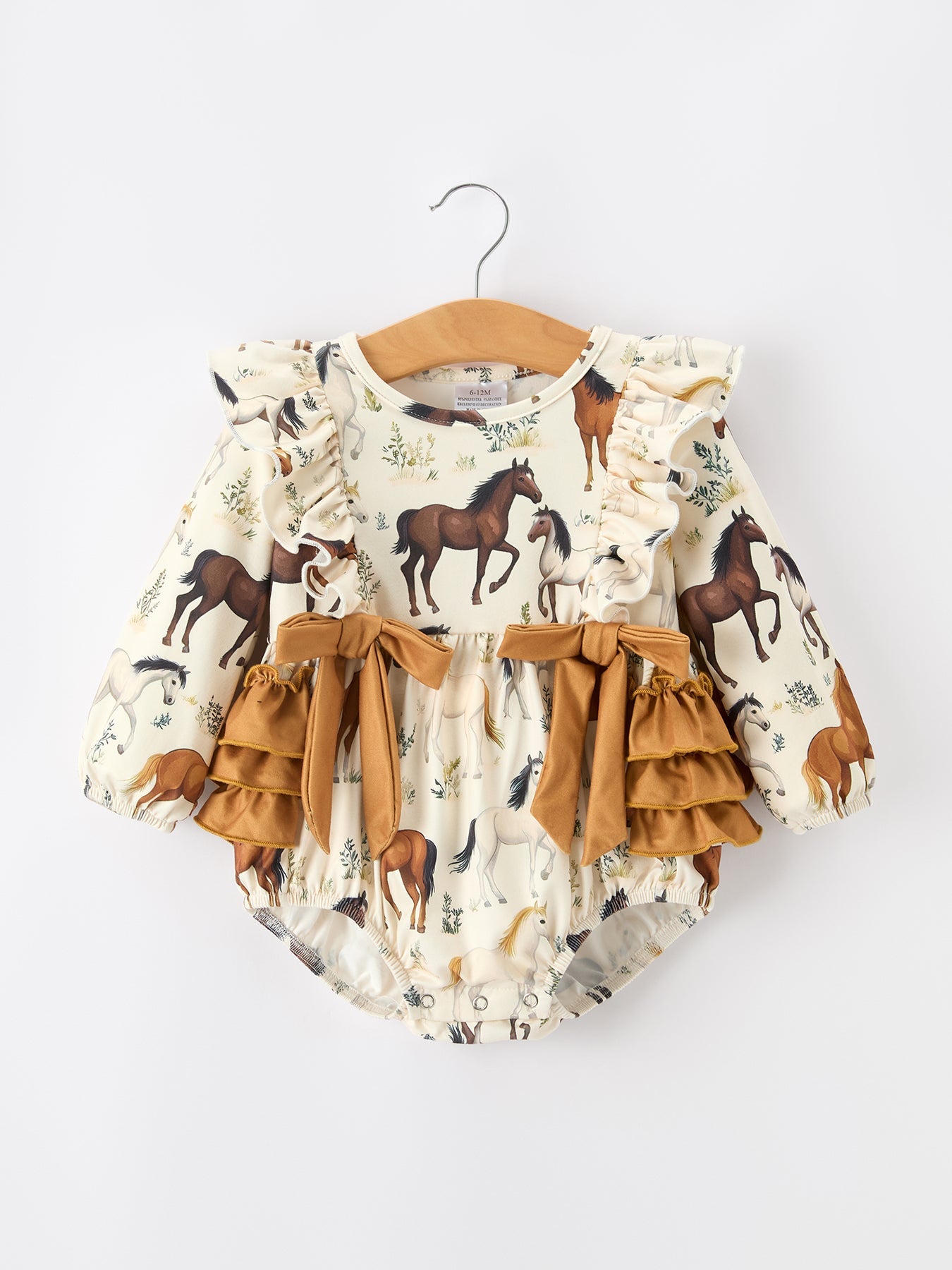 Western Horse Girls Romper Bow Ruffle Long Sleeve