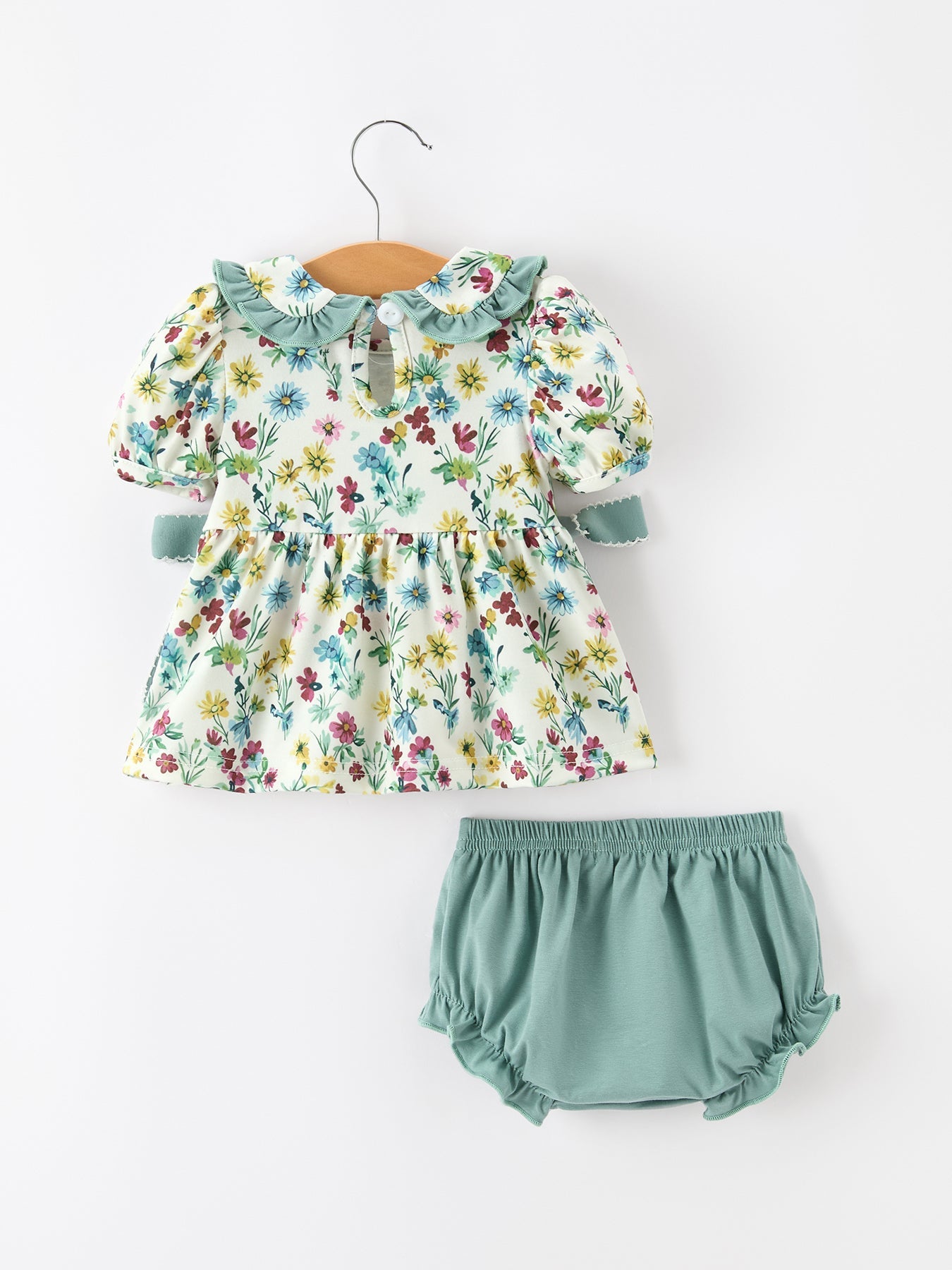 Green Floral Girls Outfit Set Ruffle Collar Bow Baby Bloomer Set