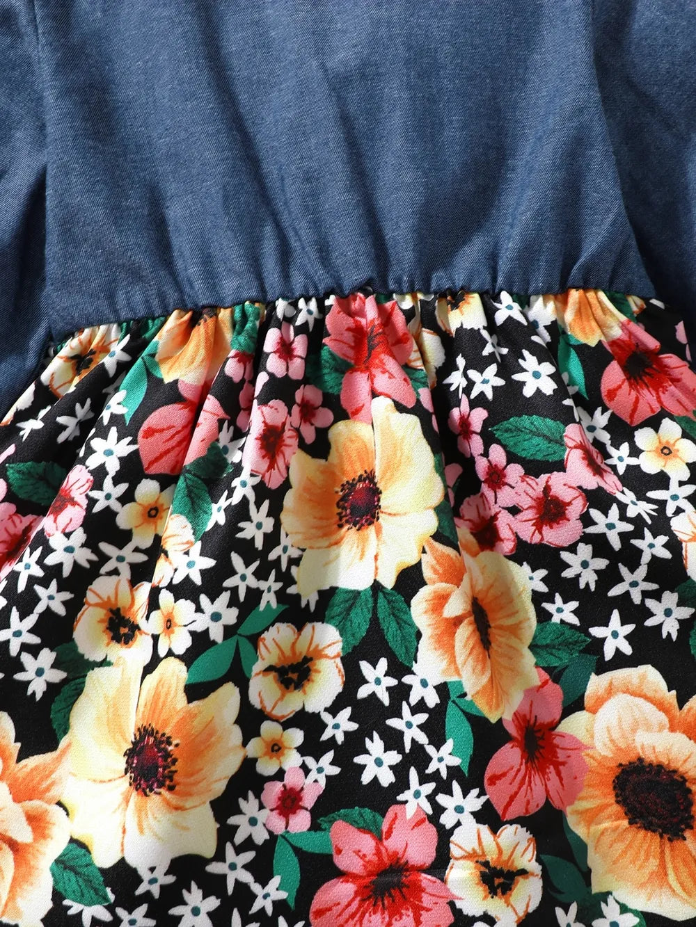 Denim Ruffled Floral Dress with Headband