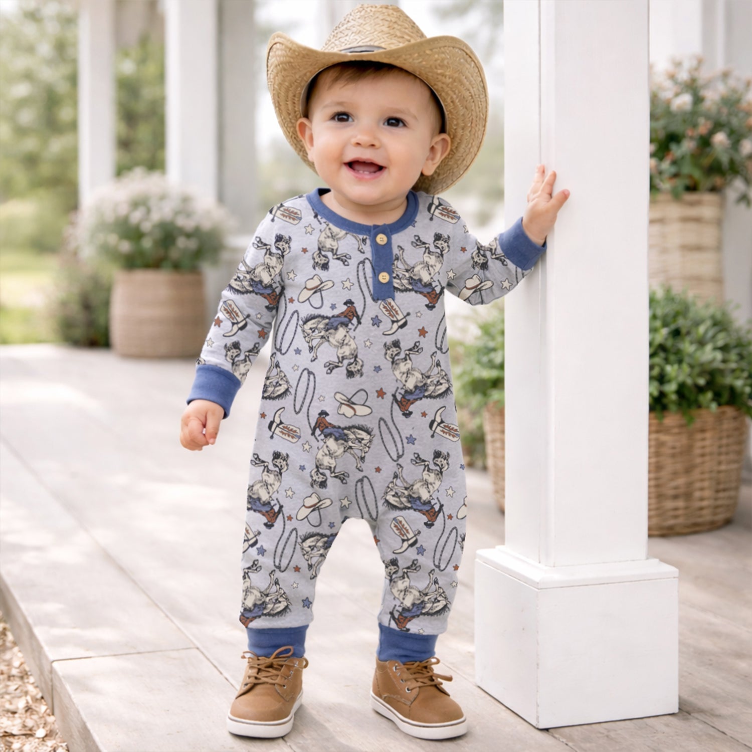 Western Cowboy Rodeo Henley Baby Romper