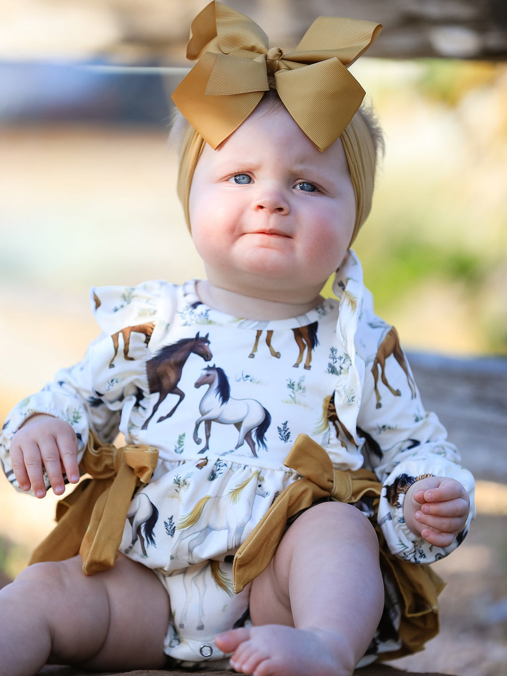Western Horse Girls Romper Bow Ruffle Long Sleeve