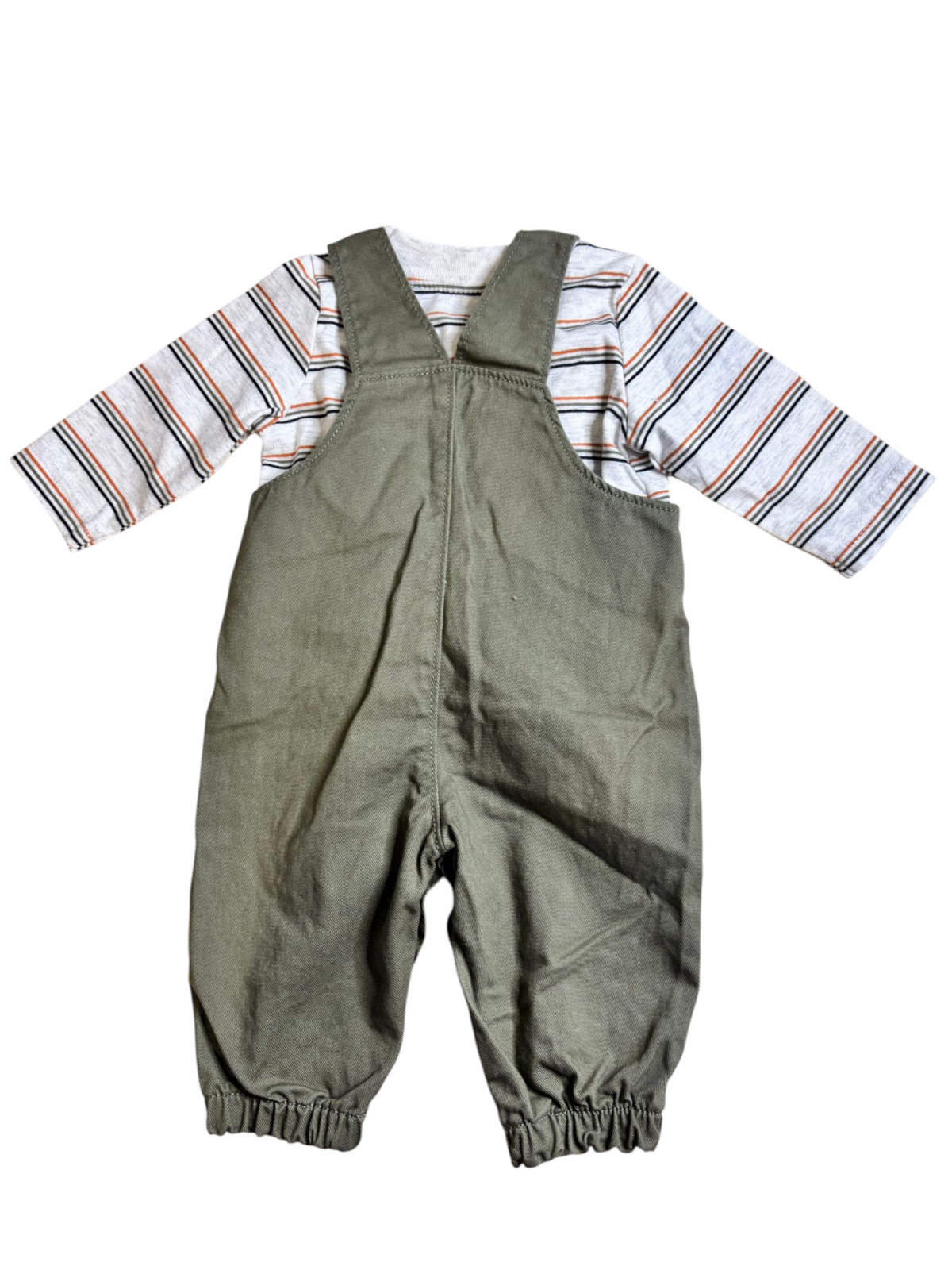 Preloved Baby Boy Olive Green Overalls & Striped Long Sleeve