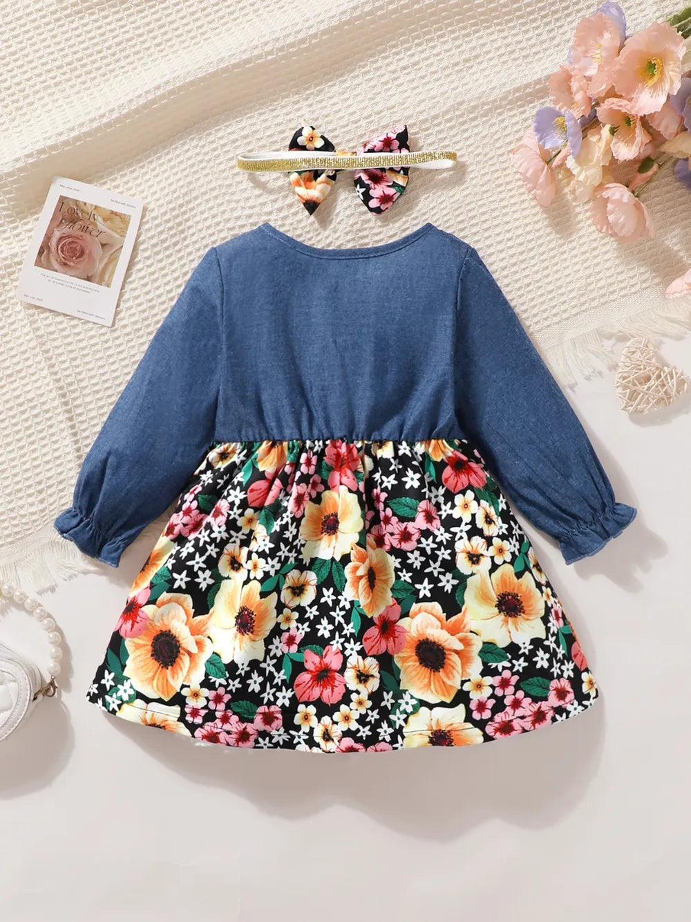Denim Ruffled Floral Dress with Headband