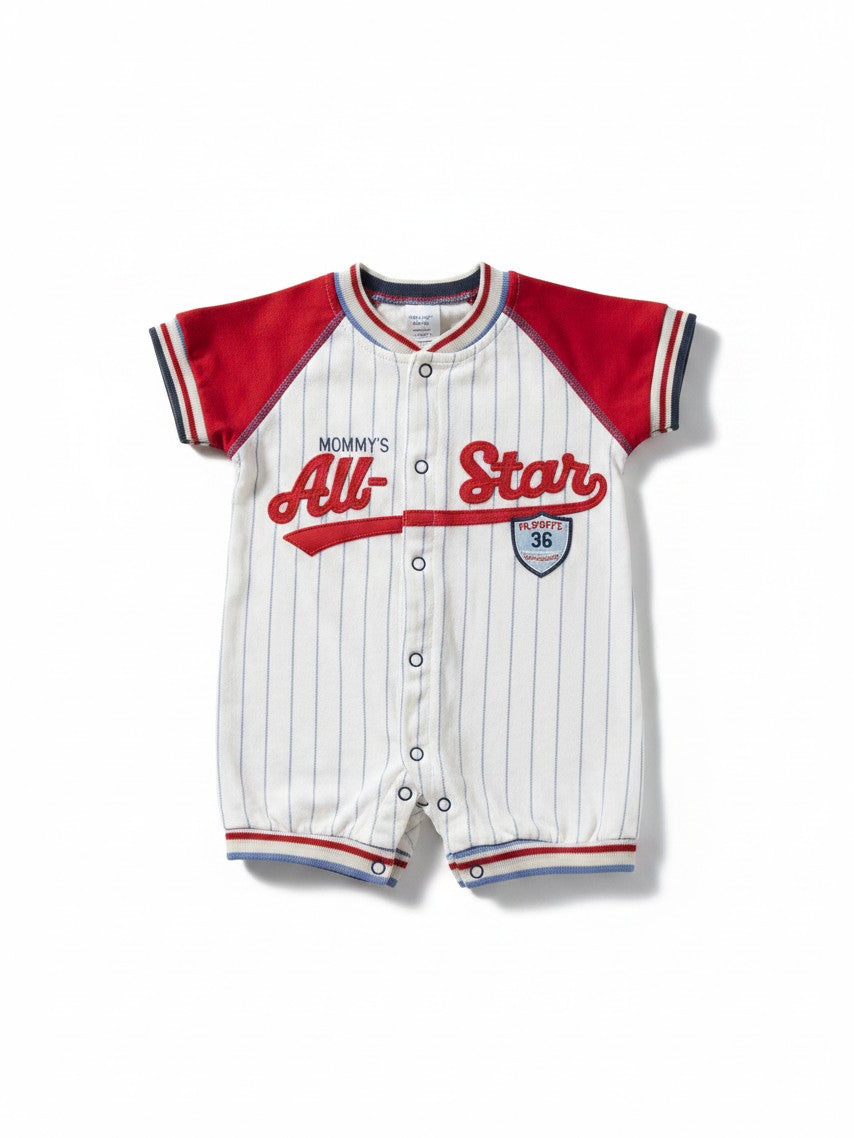 Elise Fay white pinstripe baseball-style baby romper with red sleeves and Mommy's All-Star embroidery, size 3-6 months