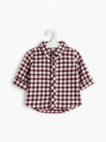 Elise Fay toddler long sleeve button-down flannel shirt in a burgundy and white checkered plaid pattern
