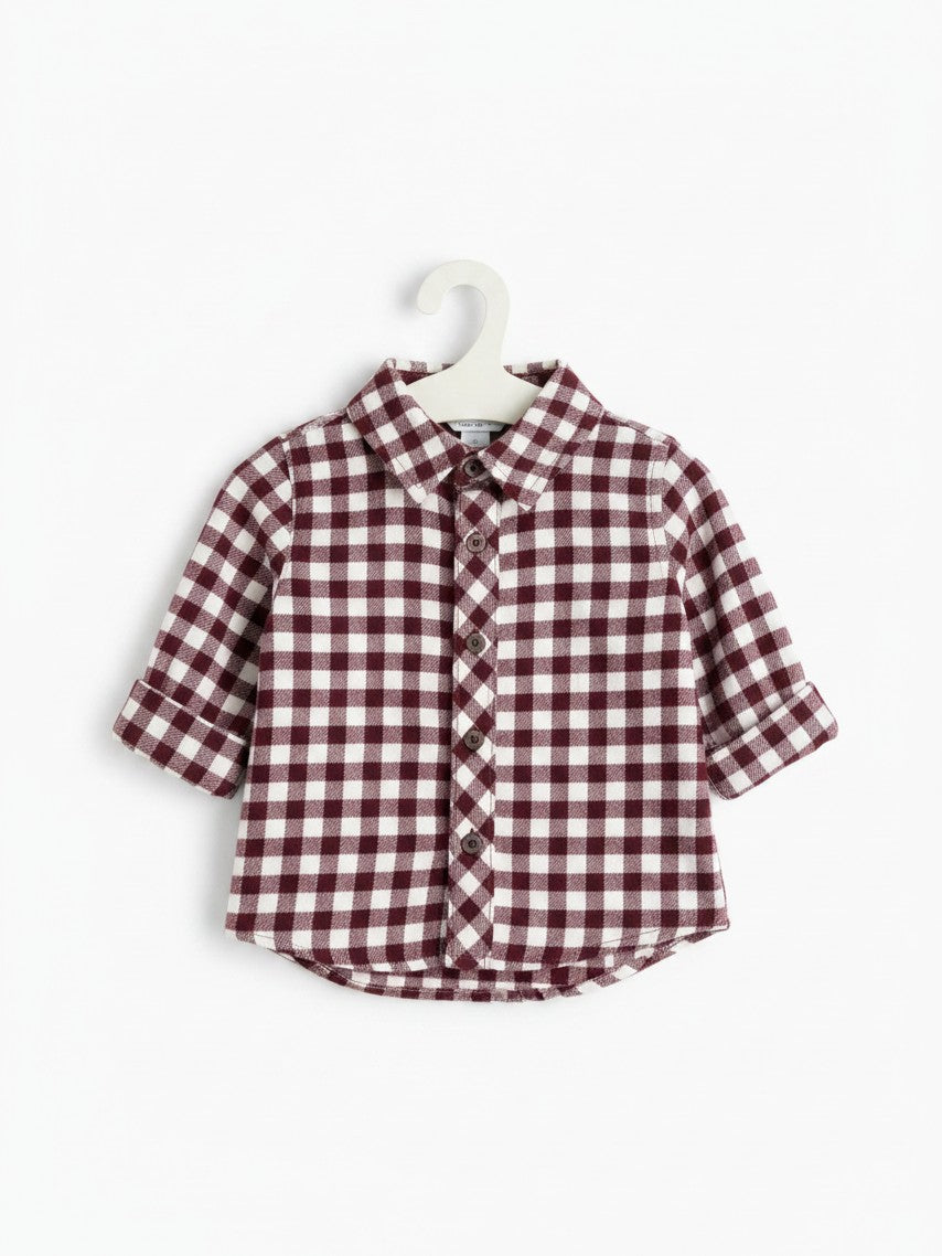 Elise Fay toddler long sleeve button-down flannel shirt in a burgundy and white checkered plaid pattern