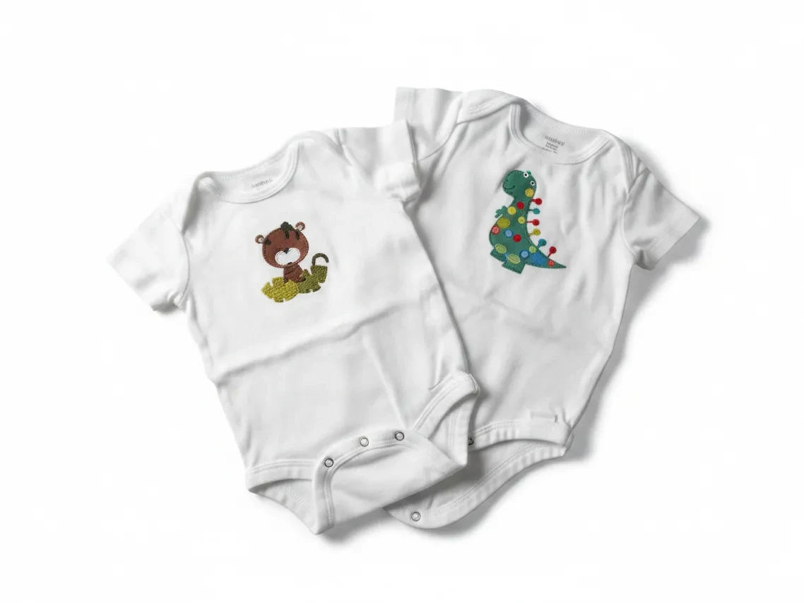 Elise Fay two-pack white cotton baby bodysuits with embroidered jungle animal and dinosaur designs