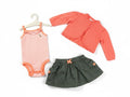 Elise Fay three-piece infant set with a striped bodysuit, coral scalloped cardigan, and olive green skirt.