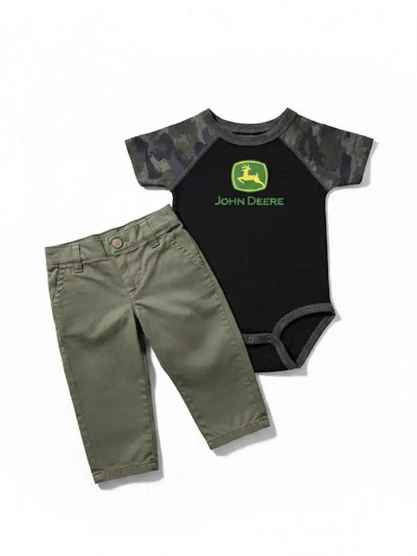 Elise Fay John Deere infant bodysuit with camo sleeves and olive green twill pants two-piece set