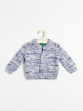 Elise Fay baby cardigan in a white and purple space-dyed knit with a button-down front and ribbed trim.