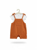 Elise Fay infant two-piece set with a white short-sleeve bodysuit and rust-colored muslin shortall with tie straps.