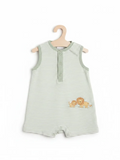 Elise Fay sleeveless baby romper in sage green and white stripes with a cute lion cub and parent graphic.