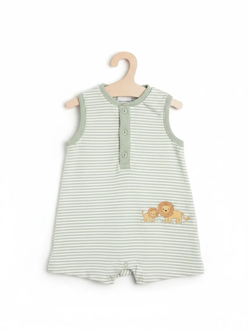 Elise Fay sleeveless baby romper in sage green and white stripes with a cute lion cub and parent graphic.
