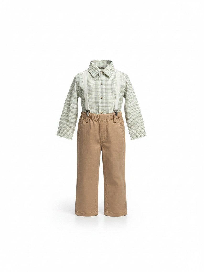 Elise Fay toddler boy formal outfit featuring a green plaid button-down shirt, tan trousers, and cream suspenders.
