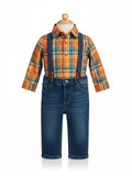 Elise Fay toddler boy outfit with orange and teal plaid shirt, denim jeans, and navy suspenders with leather accents.