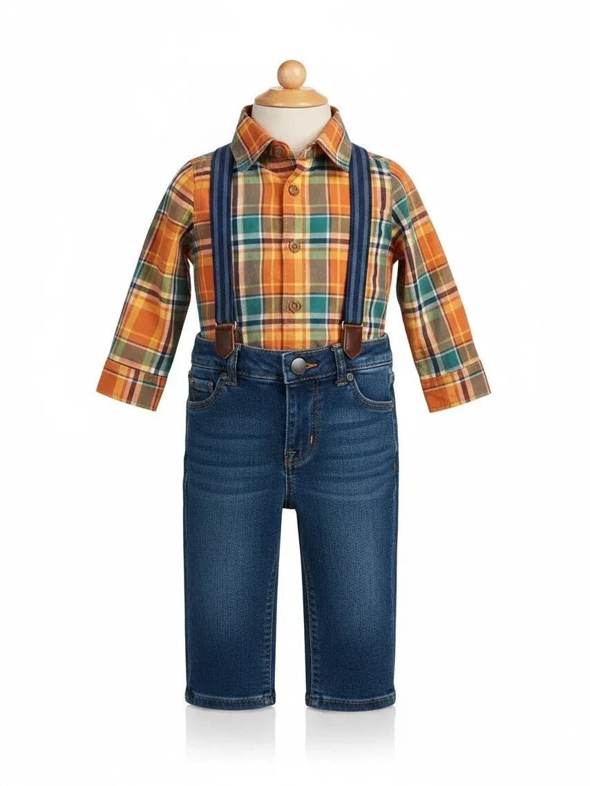 Elise Fay toddler boy outfit with orange and teal plaid shirt, denim jeans, and navy suspenders with leather accents.