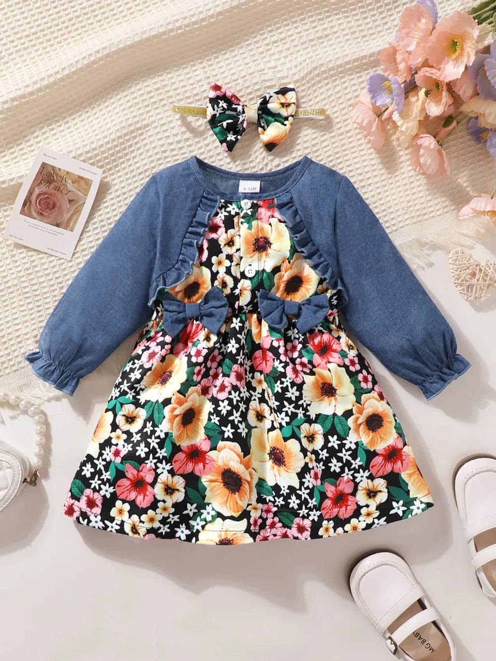 Denim Ruffled Floral Dress with Headband
